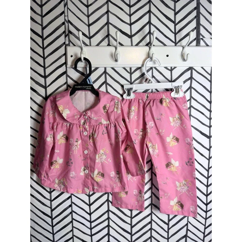Pink Multi Fairy Floral 2 Pc Satin Pajama Set Girls 9-12M, Fits Like 12-18M 6009